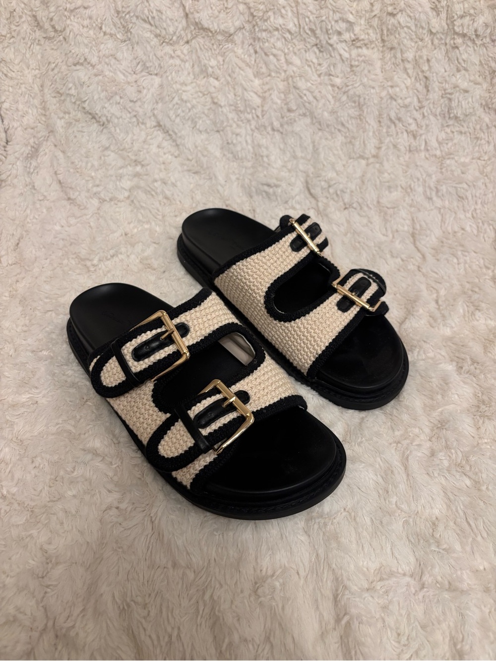 Universal Thread Woven Dual-Buckle Slide Sandals - Black & Cream